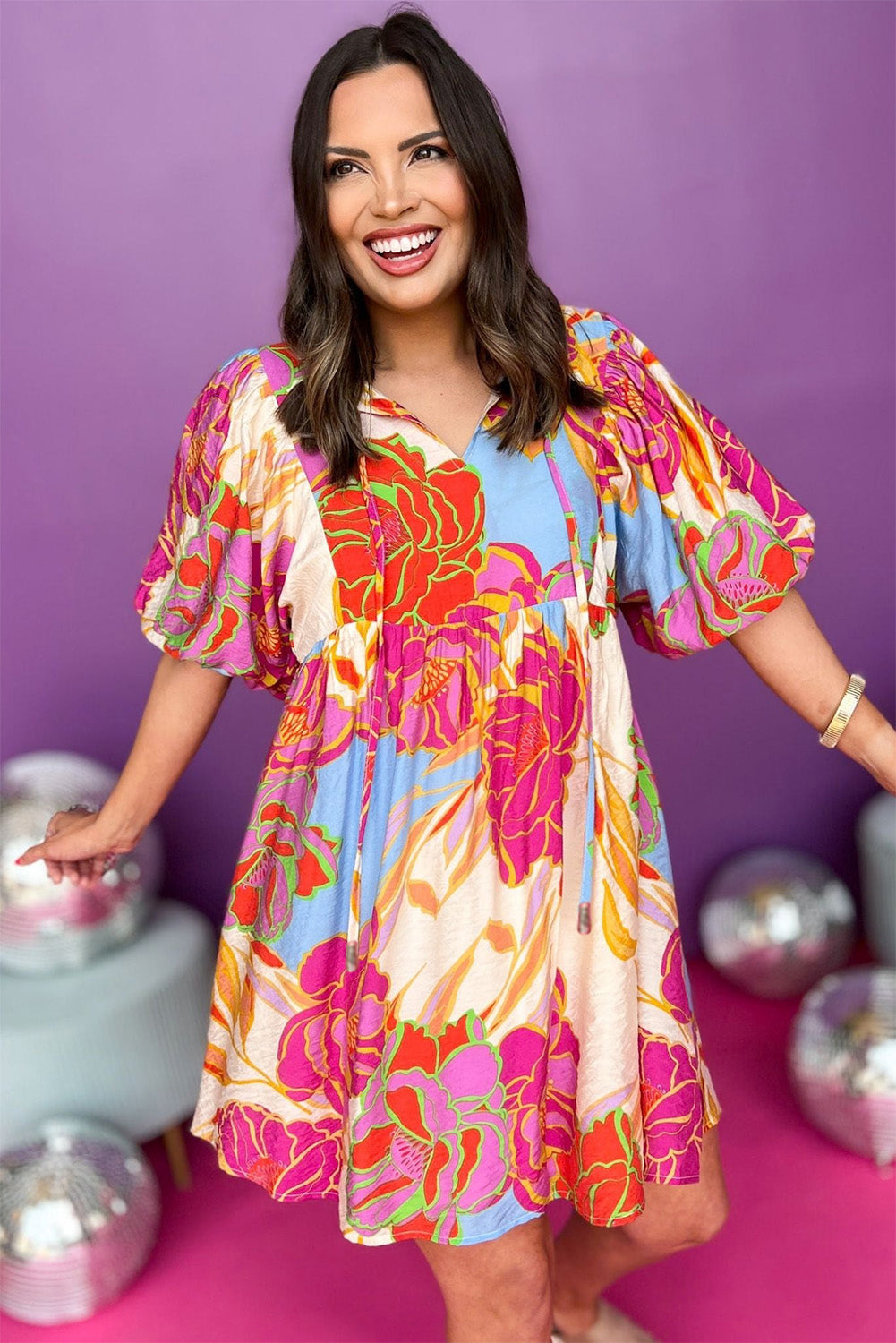 Dark Blue Floral Lantern Sleeve Split Neck Babydoll Dress