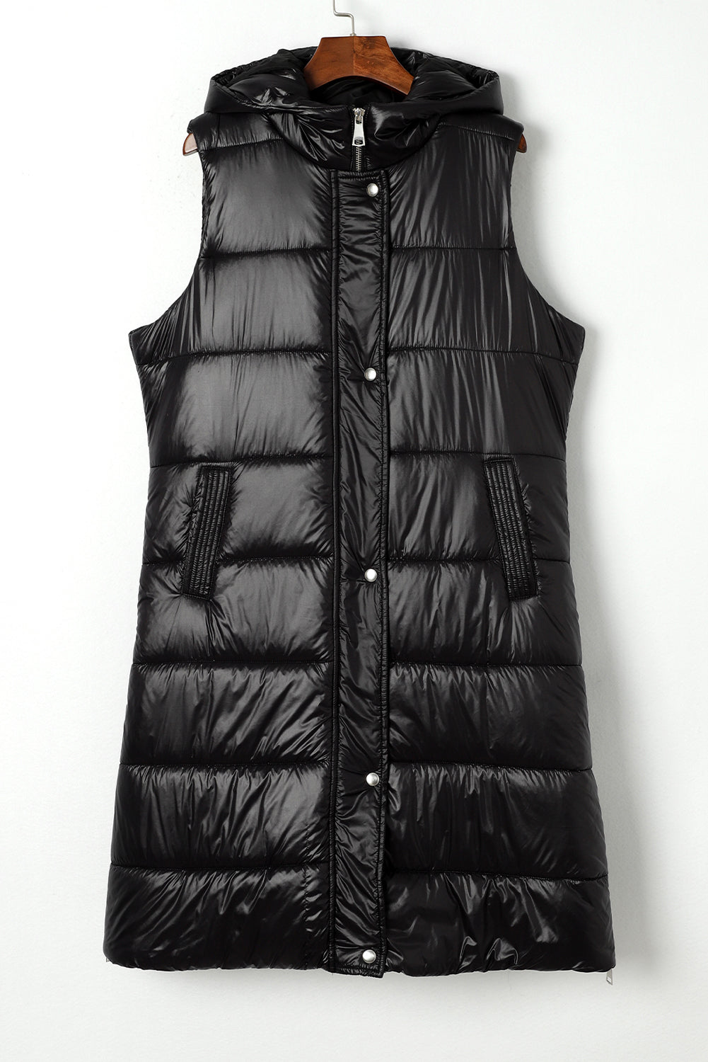 Black Hooded Pocketed Quilted Long Vest Coat