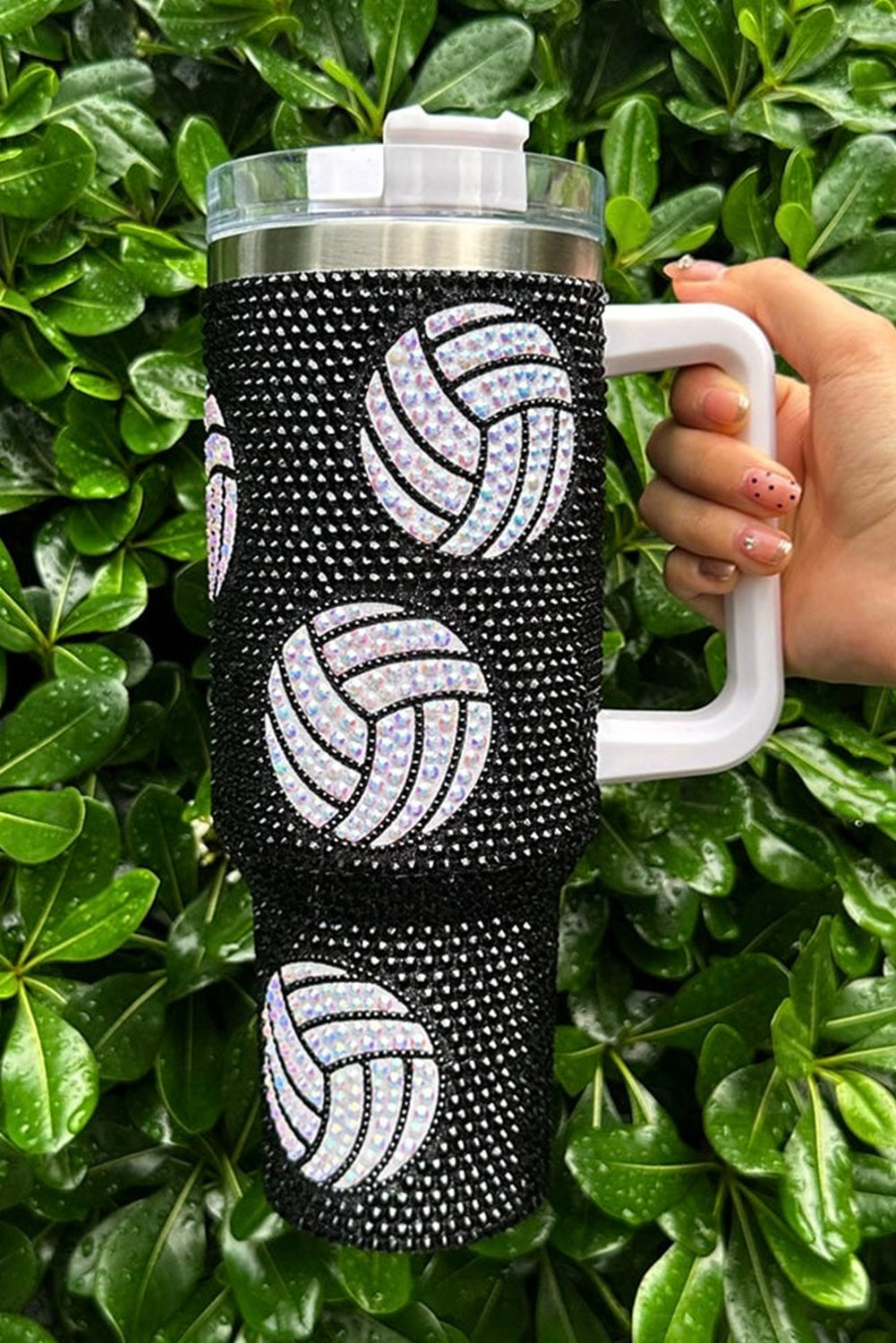 Black 40Oz Rhinestone Volleyball Tumbler Cup with Handle