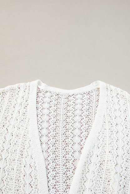 White Hollow Out Crochet Knit Drop Shoulder Open Front Cardigan