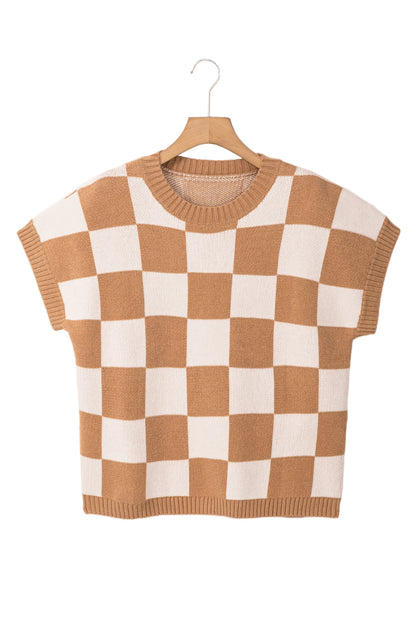 Light Beige Colorblock Checkered Knit Dolman Tee