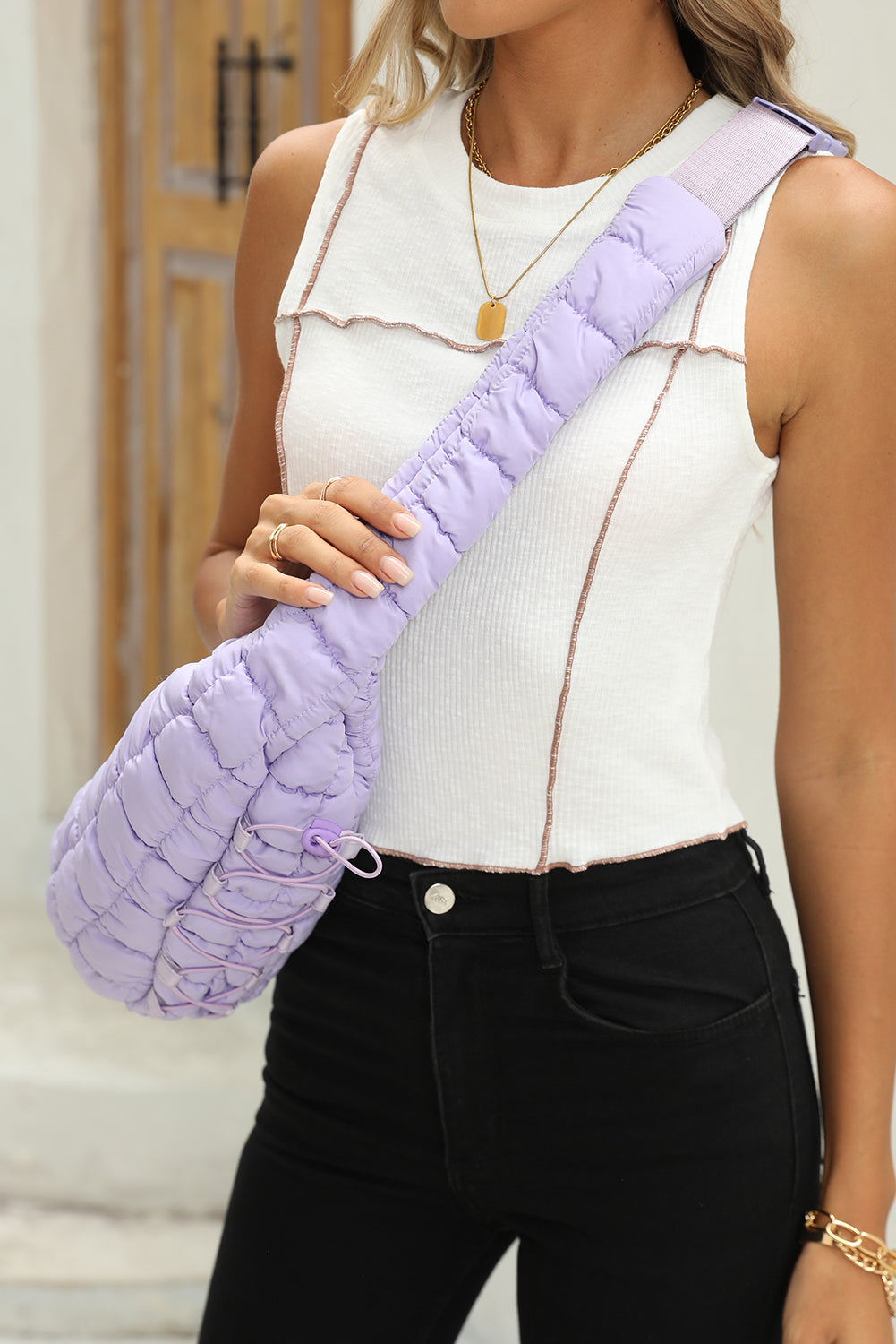 Wisteria Marshmallow Quilted Drawstring Crossbody Bag