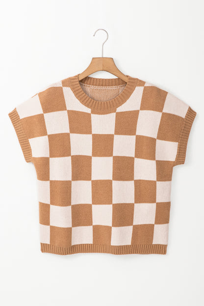 Light Beige Colorblock Checkered Knit Dolman Tee