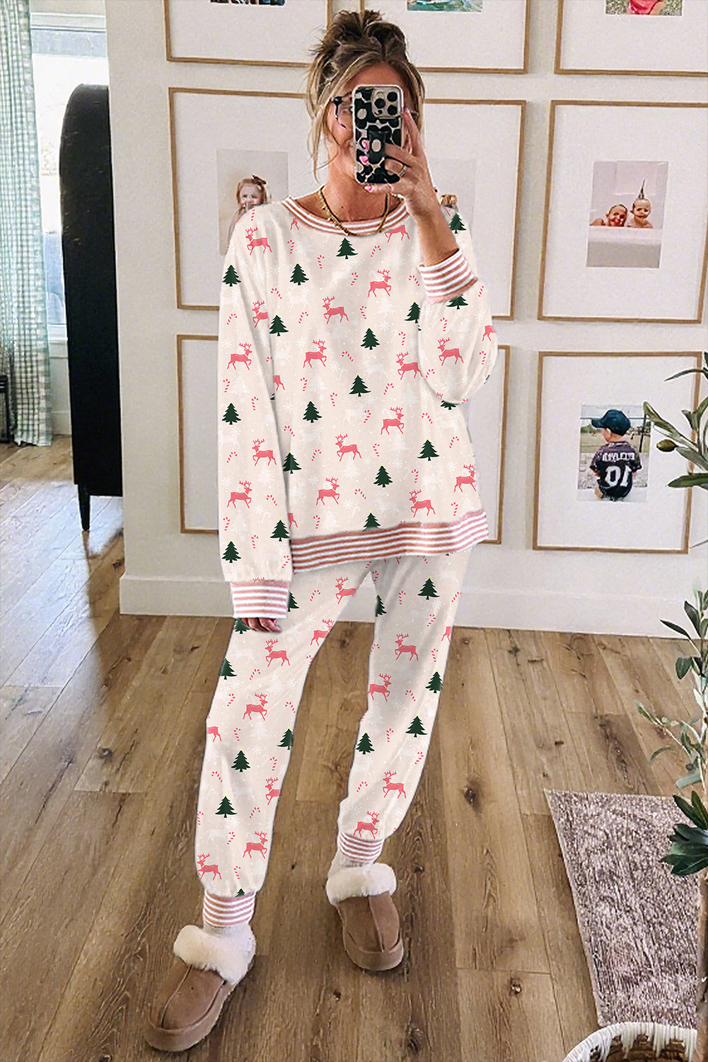 Green Bow Christmas Tree Print Contrast Striped Trim 2pcs Lounge Set