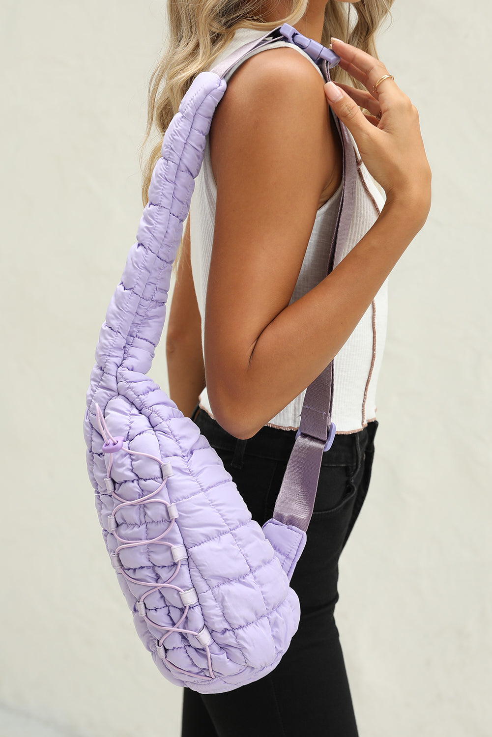Wisteria Marshmallow Quilted Drawstring Crossbody Bag