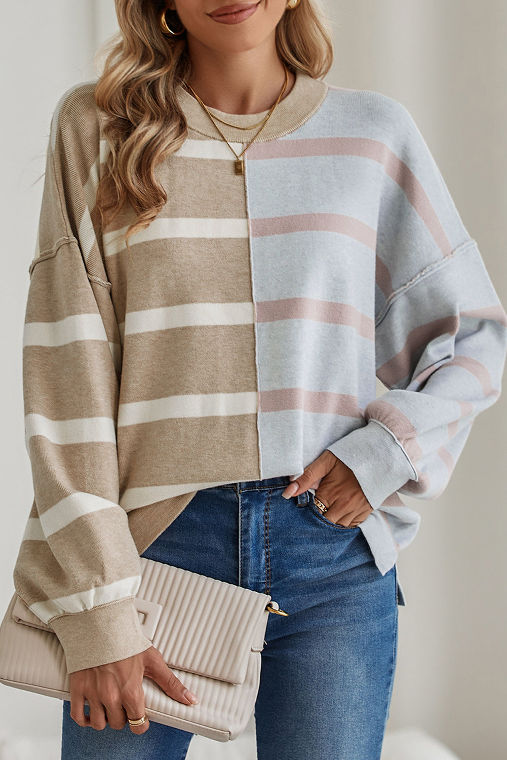 Pink Striped Colorblock Drop Shoulder Sweater
