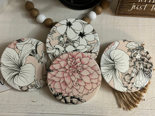 Boho Floral Ceramic Coaster Set