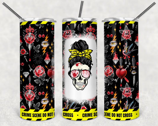 Skeleton Messy Bun Crime Scene 20oz Skinny Tumbler