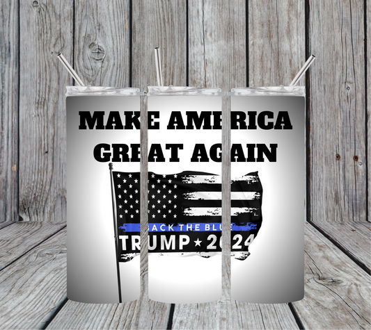 Thin Blue Line Trump 2024 Make America Great Again 20oz Skinny Tumbler