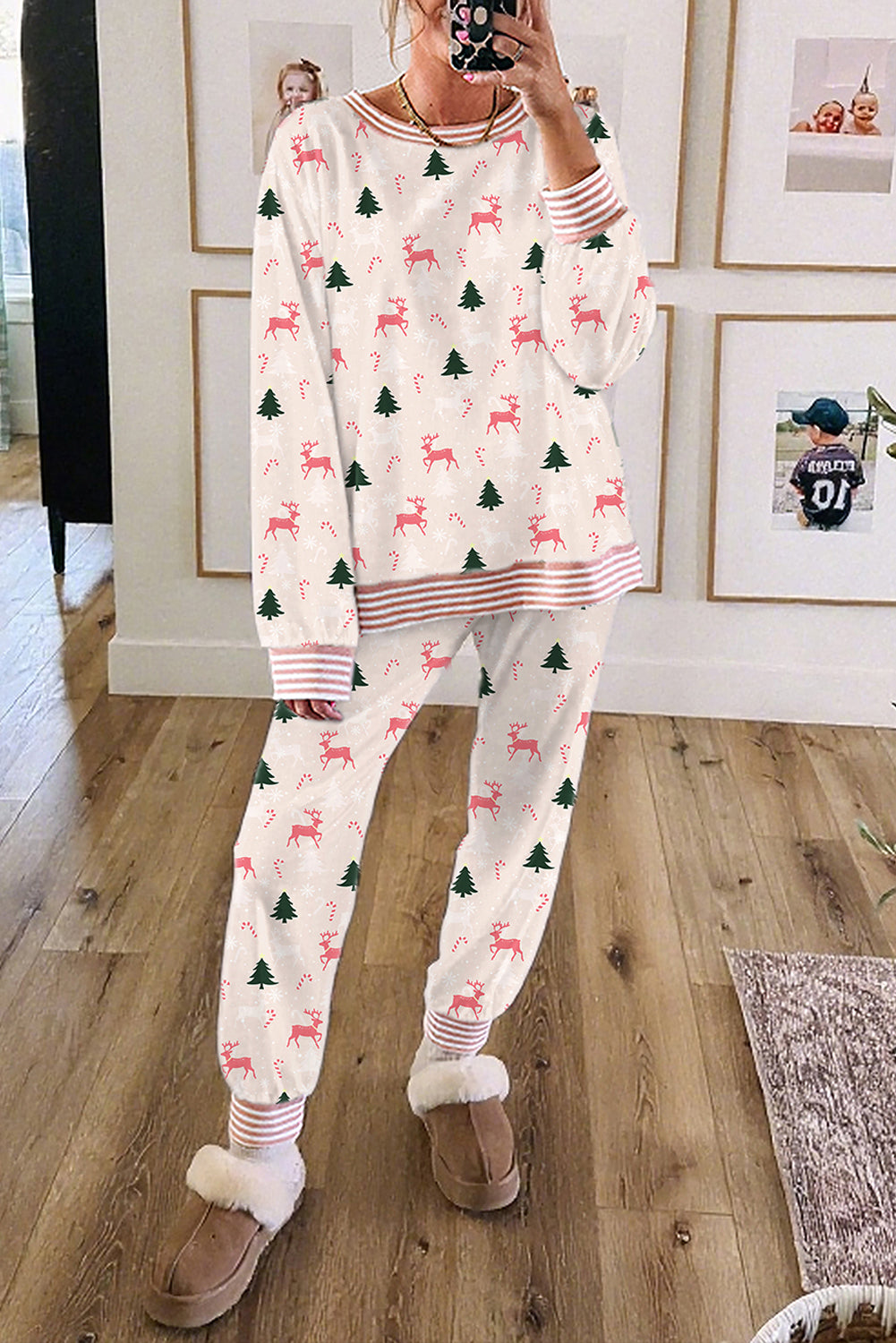 Green Bow Christmas Tree Print Contrast Striped Trim 2pcs Lounge Set