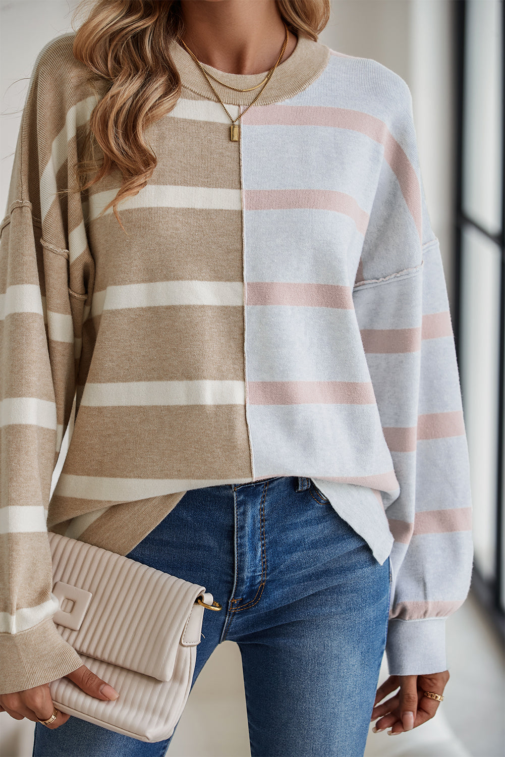 Pink Striped Colorblock Drop Shoulder Sweater