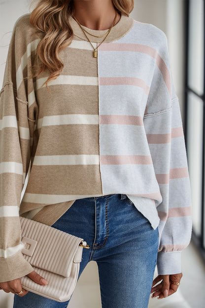 Pink Striped Colorblock Drop Shoulder Sweater