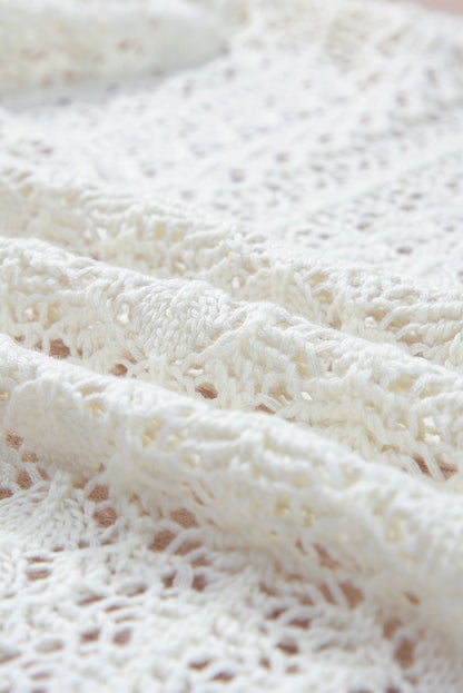 White Hollow Out Crochet Knit Drop Shoulder Open Front Cardigan