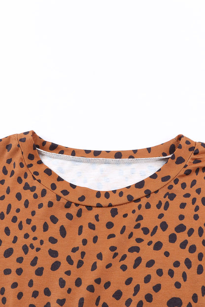 Brown Casual Crew Neck Long Sleeve Leopard Print Dress