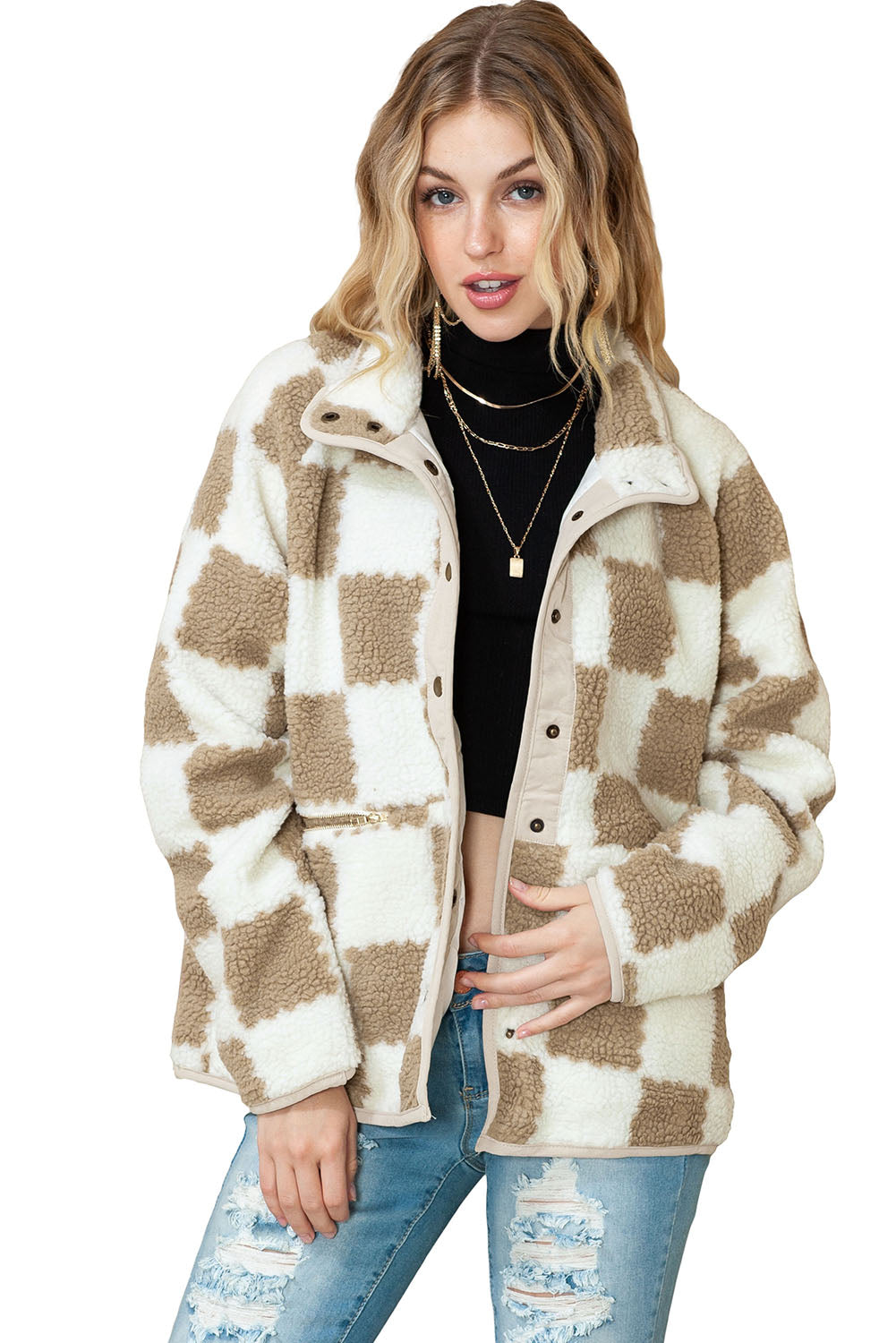 Wholesale Brown Checked Snap Button Zip Pockets Sherpa Jacket