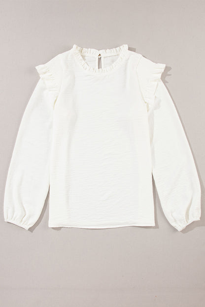 White Frilled Neck Ruffled Trim Bubble Sleeve Blouse