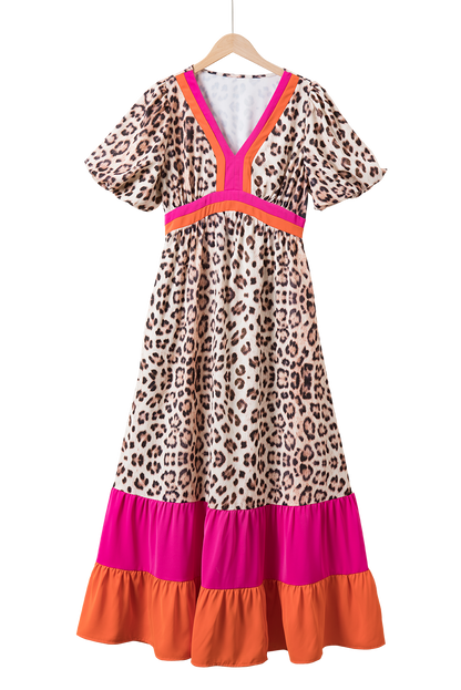 Bright Pink V-neck Leopard Print Colorblock Maxi Dress