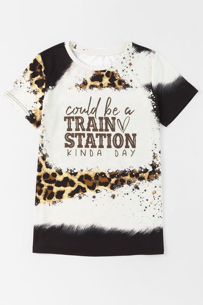 Brown Leopard Print TRAIN STATION Graphic T Shirt