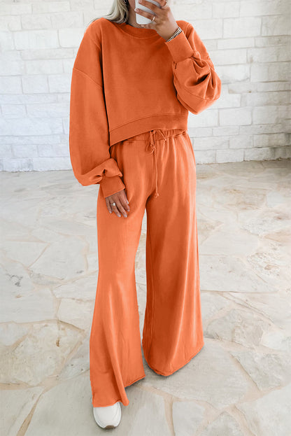 Mist Blue Drop Shoulder Crop Pullover Drawstring Wide Leg Pants Set