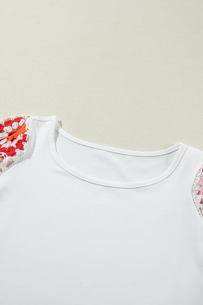 White Floral Hollowed Crochet Sleeve Boho T Shirt