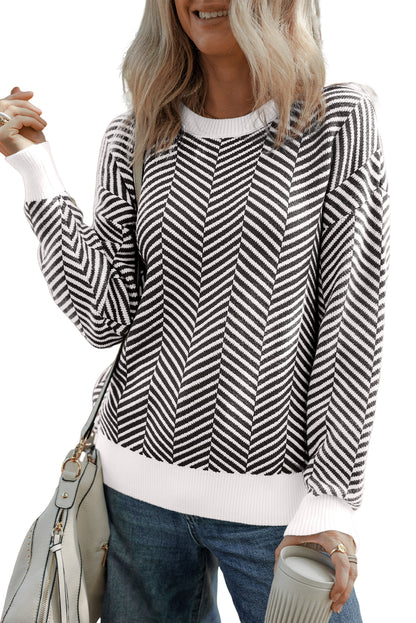 Coffee Stripe Contrast Edge Crew Neck Drop Shoulder Sweater