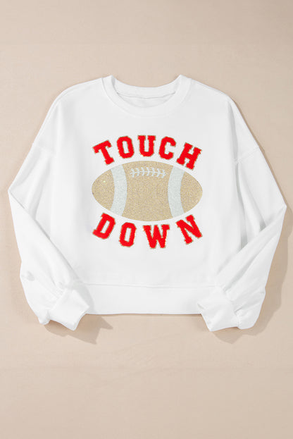 White TOUCH DOWN Rugby Graphic Pullover Sweatshirt