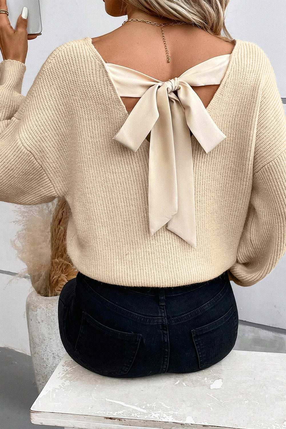Black Lantern Sleeve V Neck Bowknot Back Sweater