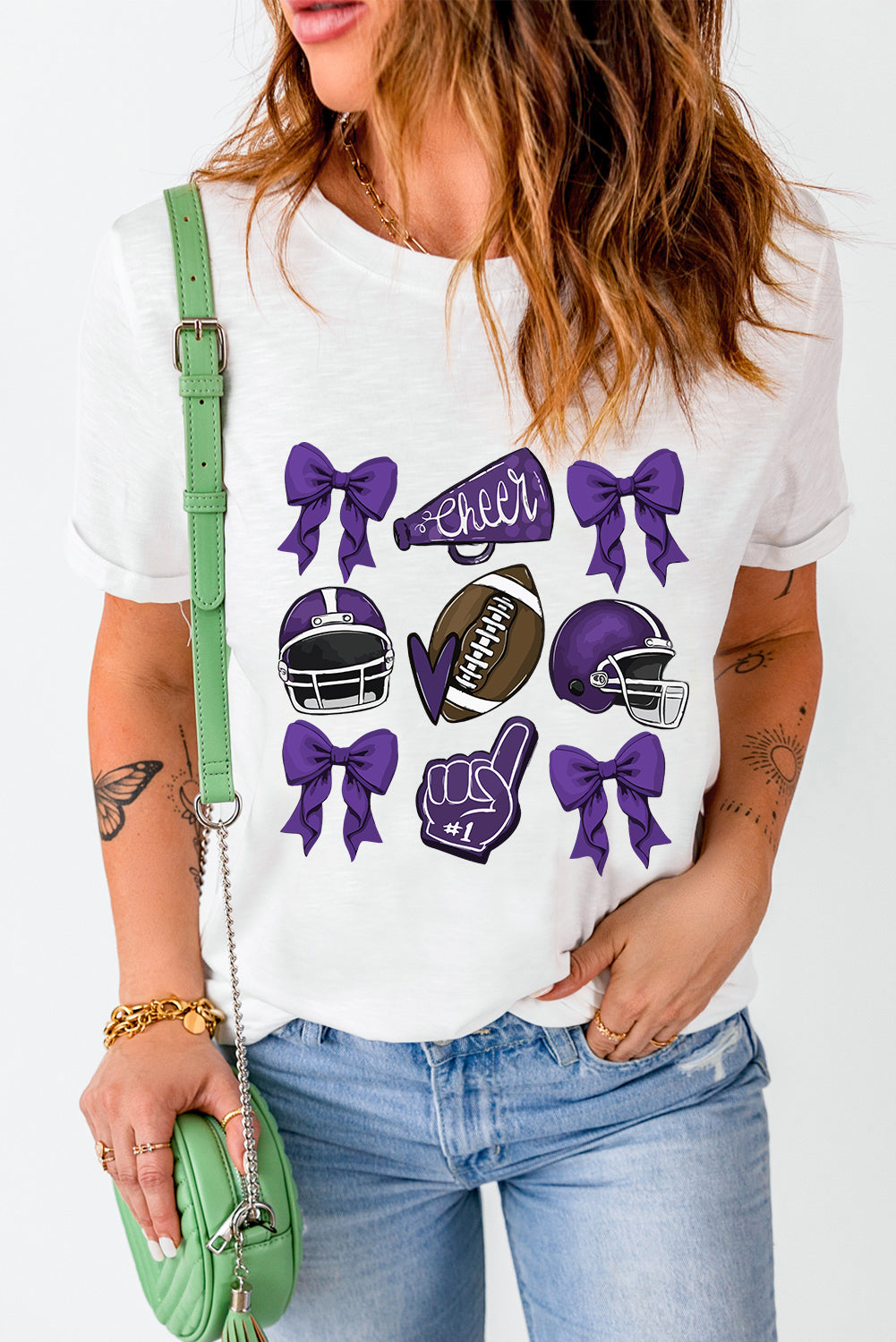 White Game Day Rugby Cheer Helmet Bow Graphic Tee