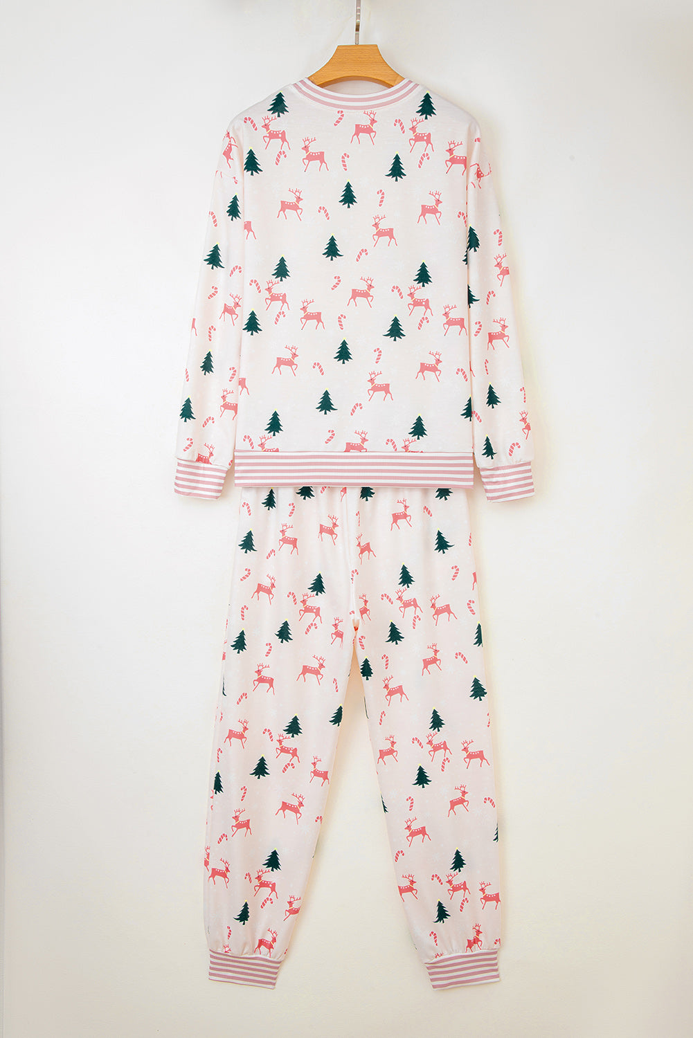 Green Bow Christmas Tree Print Contrast Striped Trim 2pcs Lounge Set
