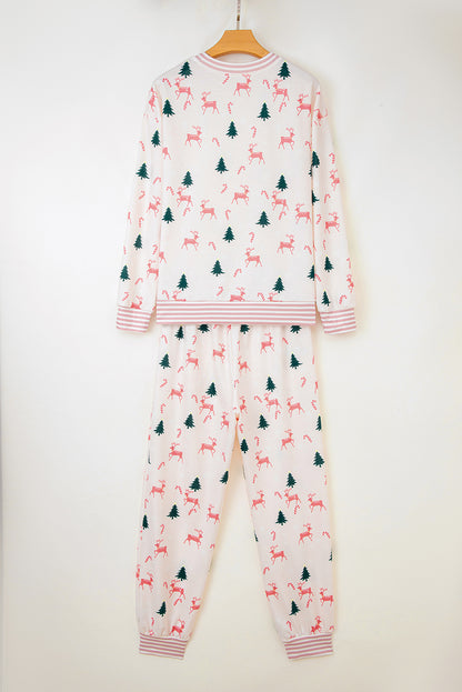 Green Bow Christmas Tree Print Contrast Striped Trim 2pcs Lounge Set