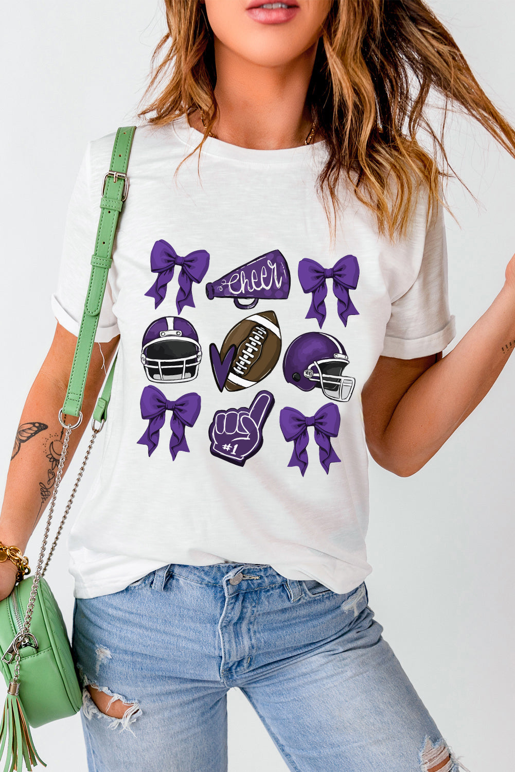 White Game Day Rugby Cheer Helmet Bow Graphic Tee