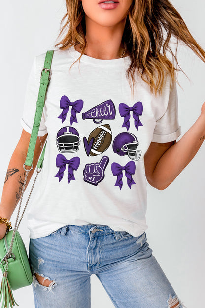 White Game Day Rugby Cheer Helmet Bow Graphic Tee