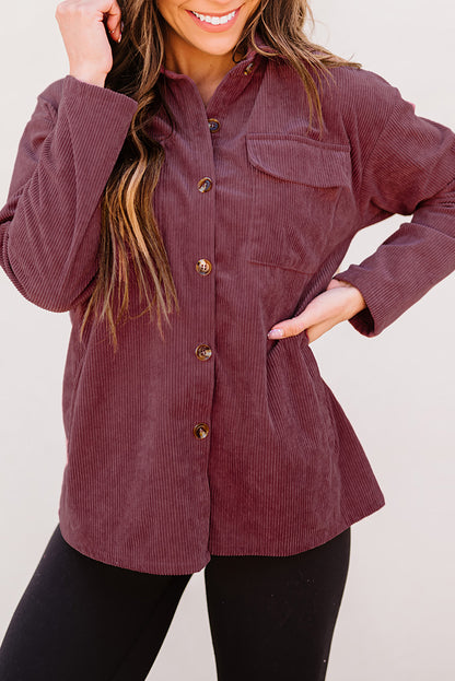 Beige Button Up Patch Pocket Corduroy Shacket