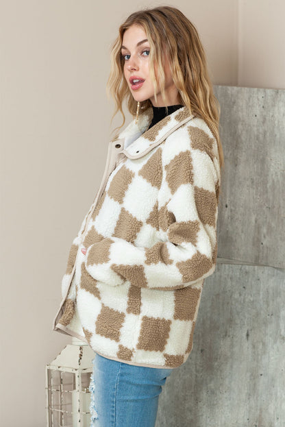 Wholesale Brown Checked Snap Button Zip Pockets Sherpa Jacket