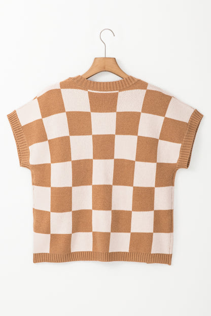 Light Beige Colorblock Checkered Knit Dolman Tee