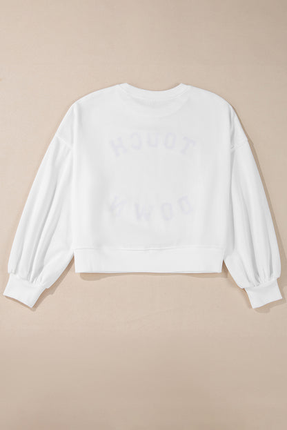 White TOUCH DOWN Rugby Graphic Pullover Sweatshirt