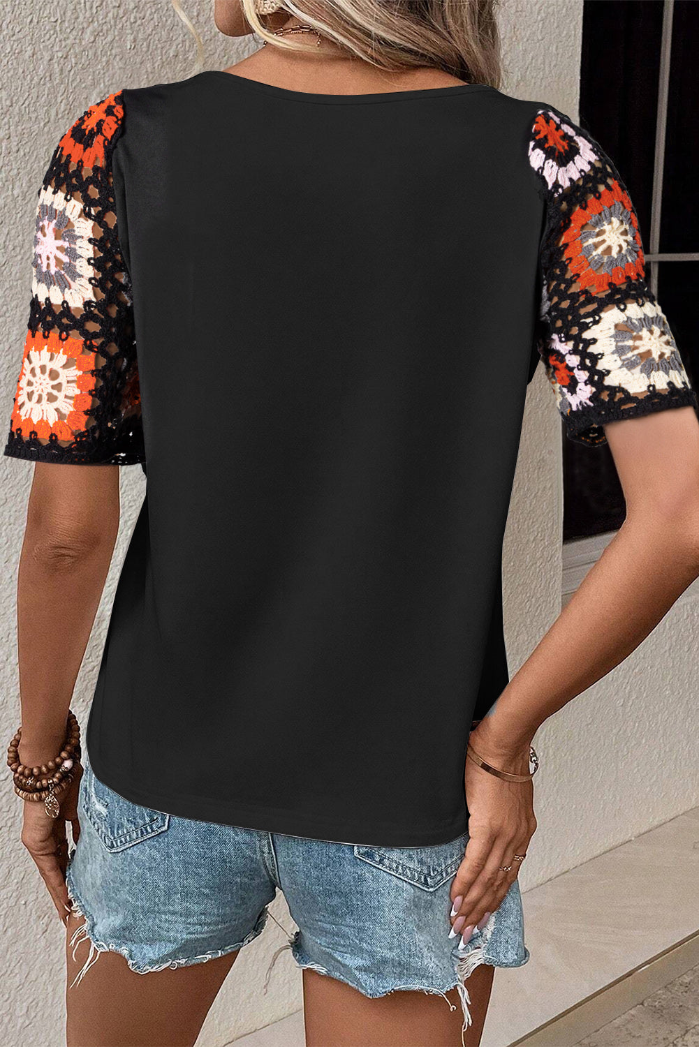 White Floral Hollowed Crochet Sleeve Boho T Shirt