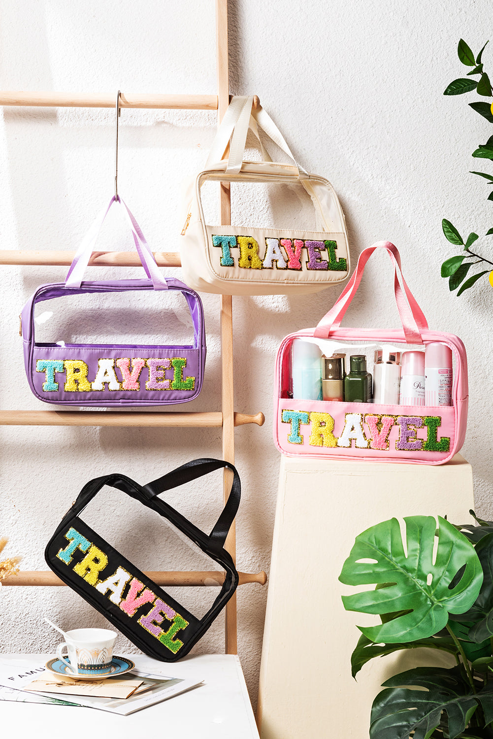 Pink Purple TRAVEL Chenille Letter Clear PVC Makeup Bag