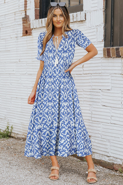 Sky Blue Geometric Print Casual V Neck Maxi Dress