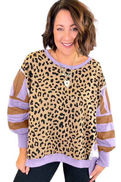 Khaki Leopard Striped Patchwork Plus Size Loose Sweatshirt