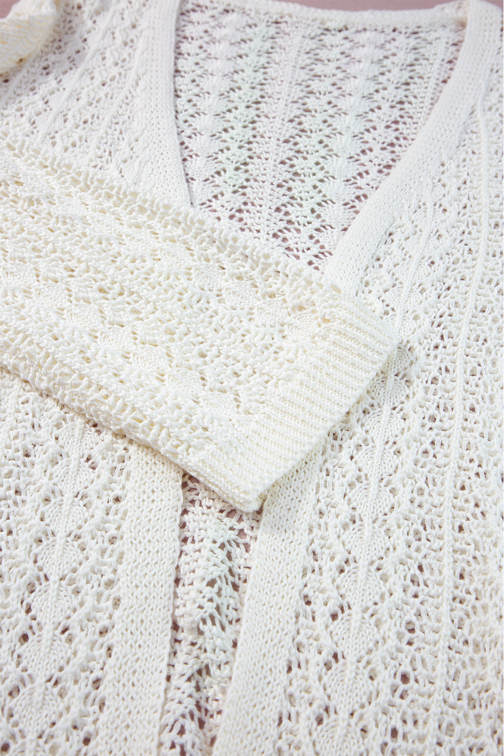 White Hollow Out Crochet Knit Drop Shoulder Open Front Cardigan