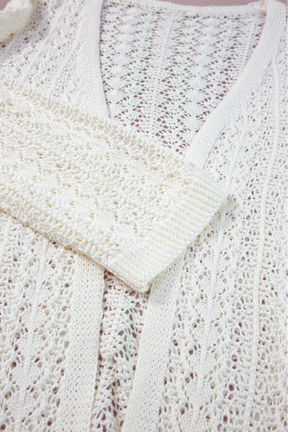 White Hollow Out Crochet Knit Drop Shoulder Open Front Cardigan