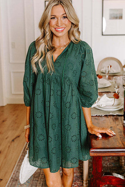 Blackish Green Embroidered Eyelet Pattern Puff Sleeve Mini Dress