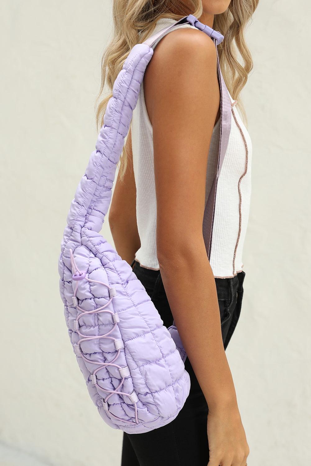 Wisteria Marshmallow Quilted Drawstring Crossbody Bag