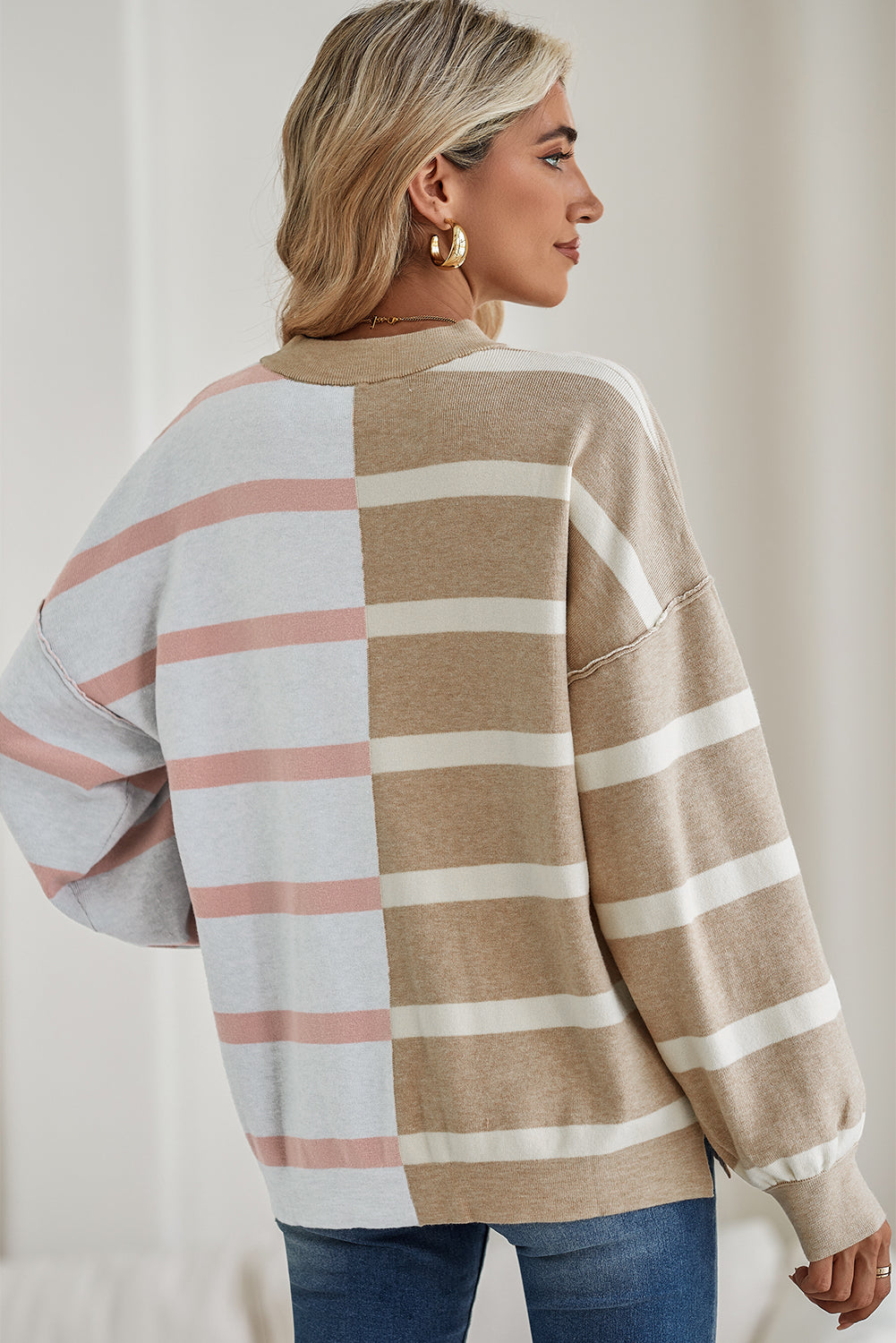 Pink Striped Colorblock Drop Shoulder Sweater