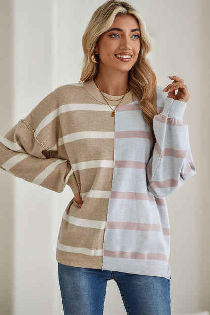 Pink Striped Colorblock Drop Shoulder Sweater