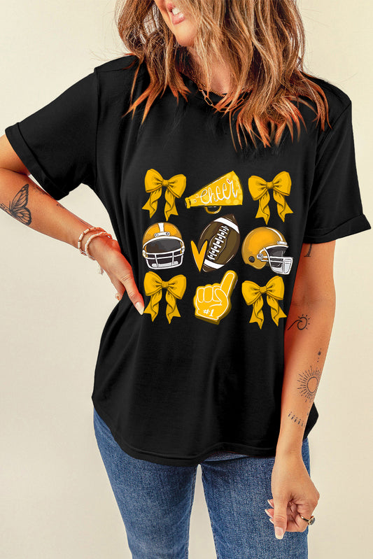 White Game Day Rugby Cheer Helmet Bow Graphic Tee