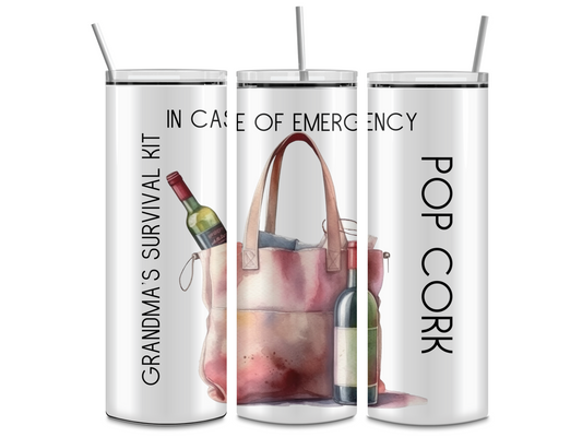 Grandma's Survival Wine Pop Cork 20oz Skinny Tumbler