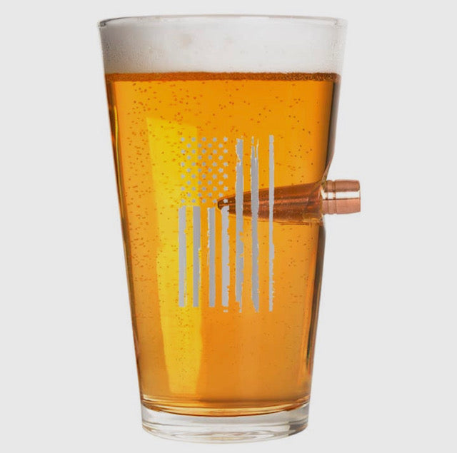.50 Caliber Bullet Pint Glass - Weathered Flag engraved.