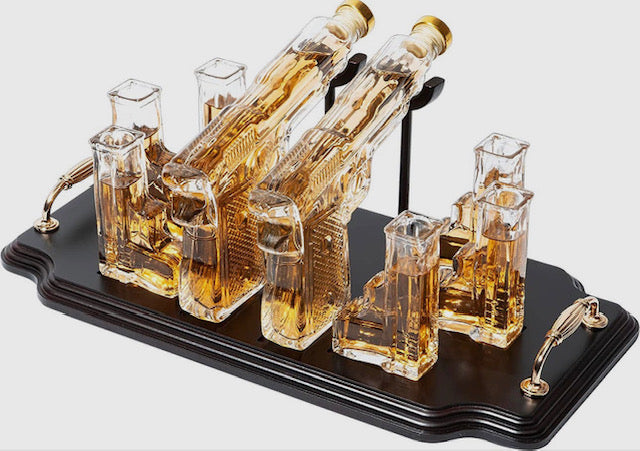 Pistol 2 Whiskey Decanters 300ml with 6 3oz pistol shotglasses